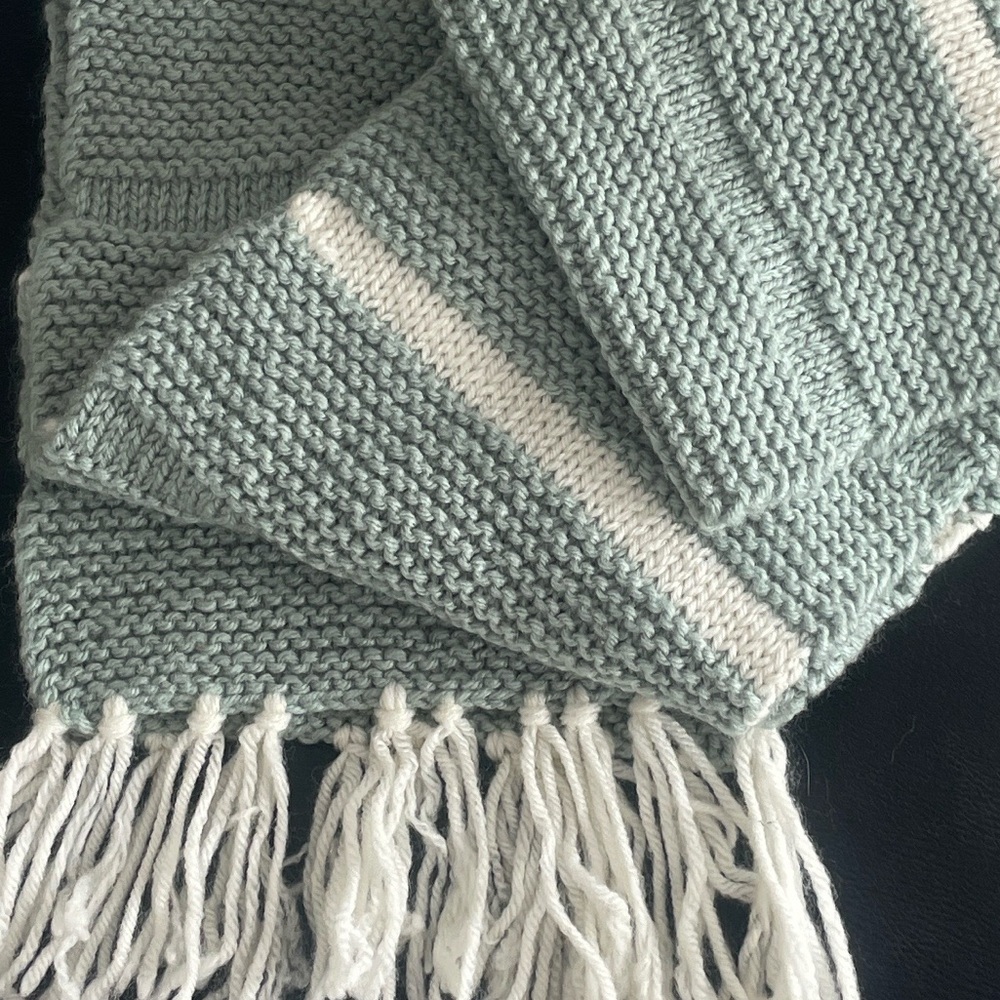 NWOT Hand Knit Pastel Mint Green White Wool Extra Long Fringed Scarf 84"x8